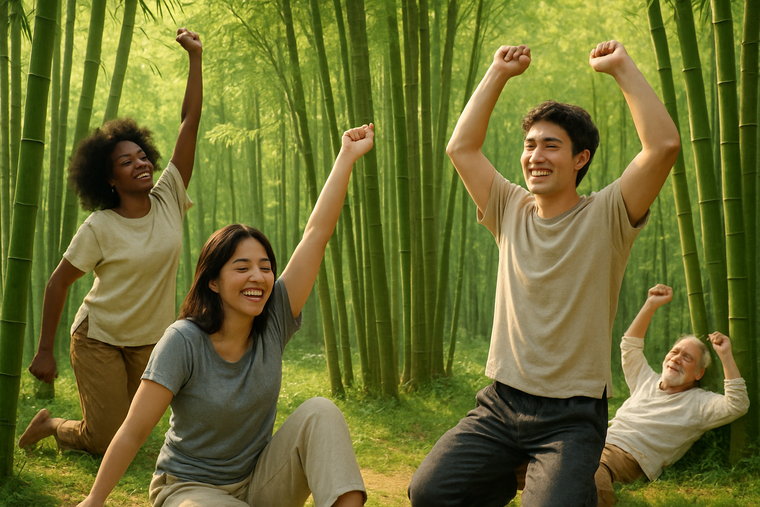 arboles de bambu personas felis levantandose de descanzae bien